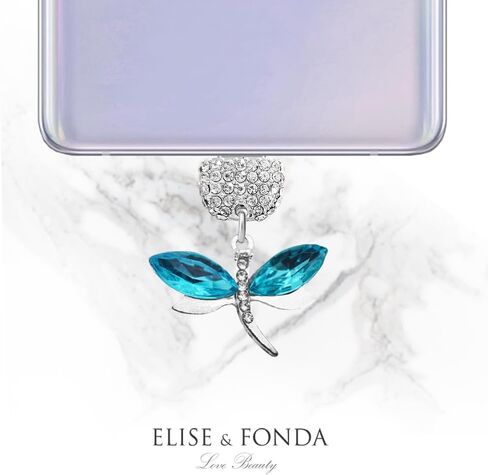 ELISE & FONDA TP536 Type-C منفذ شحن كريستال مضاد للغبار قابس هاتف خلوي صغير على شكل اليعسوب لهواتف iPhone 15/16/Samsung/OnePlus/Xiaomi/oppo Android (أزرق) in Kuwait