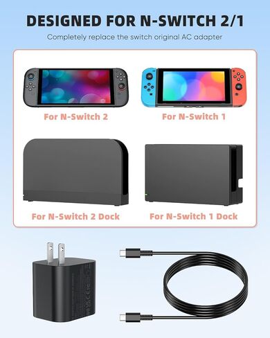 شاحن لجهاز نينتندو سويتش، محول تيار متردد بقدرة 60 وات شحن سريع مع كابل USB C قابل للفصل بطول 5 أقدام، متوافق مع سويتش/OLED/لايت، سطح البخار، دعم وضع التلفزيون، الجودة الأصلية in Kuwait