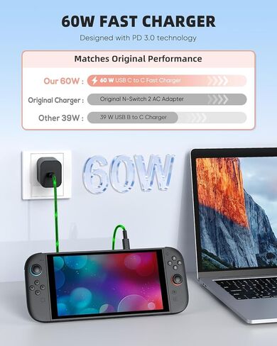 شاحن لجهاز نينتندو سويتش، محول تيار متردد بقدرة 60 وات شحن سريع مع كابل USB C قابل للفصل بطول 5 أقدام، متوافق مع سويتش/OLED/لايت، سطح البخار، دعم وضع التلفزيون، الجودة الأصلية in Kuwait