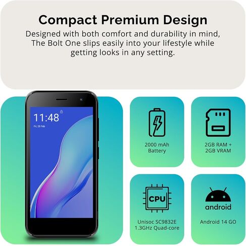 Bolt One | Dual SIM | Unlocked Smartphone | Android 14 (Go Edition) | 2 Day Battery | 5.0" FWVGA Display | 2GB RAM | 32GB Storage | 5MP Camera | Lunar White in Kuwait
