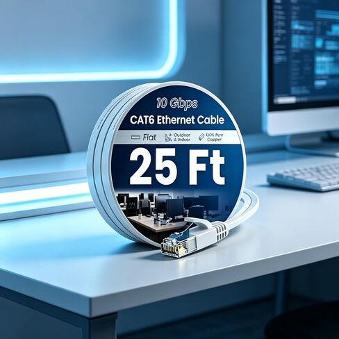 Cat 6 Ethernet Cable 25 Ft High Speed 10Gbps Flat Internet Network Patch Cord Pure Copper Wire with Snagless RJ45 Connector for Modem Router Gaming PC Laptop White in Kuwait