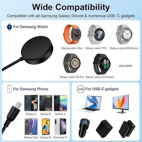 شاحن ساعة سامسونج لساعة سامسونج جالاكسي 8/8 كلاسيك/7/6/Ultra/FE/5 Pro/4/3/Active 2 شحن سريع 3.5 وات USB C مغناطيسي ومحطة شحن لاسلكية وكابل شاحن هاتف 3FT in Kuwait