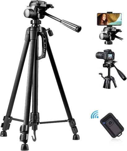 55" Camera Tripod, Lightweight Aluminum Travel DSLR Camera Stand with 6.6lb Load Capacity, Bluetooth Remote Shutter, Carry Bag & Weight Hook for Higher Stability (Black) in Kuwait