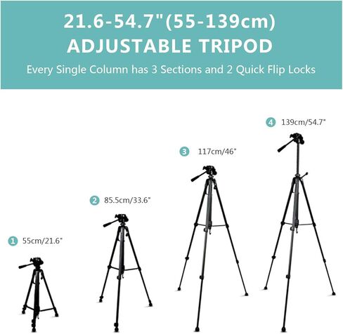 55" Camera Tripod, Lightweight Aluminum Travel DSLR Camera Stand with 6.6lb Load Capacity, Bluetooth Remote Shutter, Carry Bag & Weight Hook for Higher Stability (Black) in Kuwait