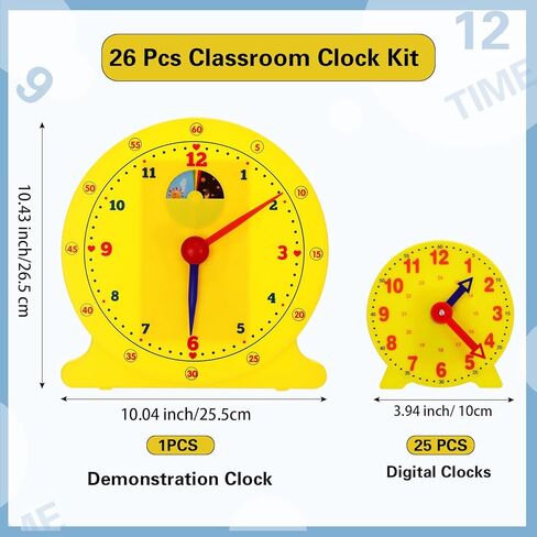 Lenwen 30 Pcs Classroom Clock Kit Includes 1 Pcs Big Student Clock 25 Pcs Mini Geared Clock 24 Hours Learn to Tell Time Clock 4 Pcs Clock Stamp for Kids Learning Teacher Classroom Supplies in Saudi Arabia
