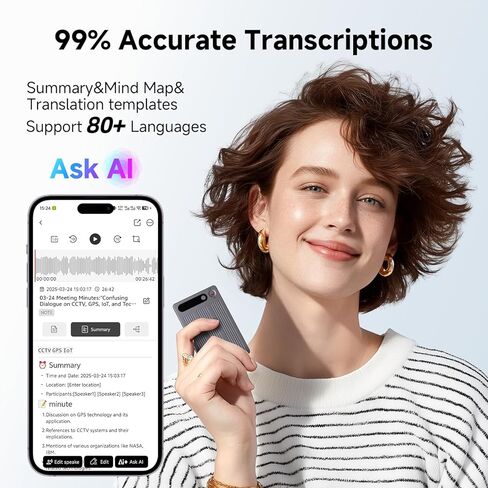 AI Voice Recorder with Transcribe＆Summarize, App Control Audio Recorder Support Al Noise Cancellation Technology with 80+ Languages, Note Taker with 64GB Memory, Audio Device for Meeting, Call, Grey in Kuwait