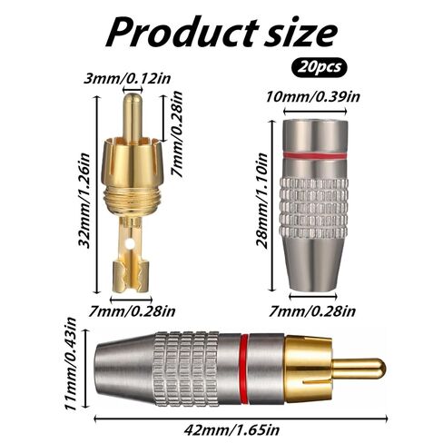 20 Pack RCA Plug Solderless, RCA Male Plug Gold Audio Video Adapter Cable Connector RCA Jacks Solder Connector for Speaker Wire in Kuwait
