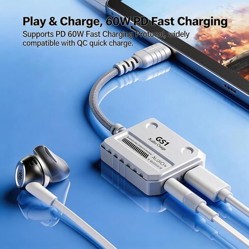 【2 في 1】 محول صوت USB-C إلى 3.5 مم، شحن سريع 60 وات PD، صوت HiFi عالي الدقة، شريحة DAC، تشغيل وشحن، زمن استجابة منخفض، متوافق مع iPhone 15، Samsung، iPad Pro، الهواتف والأجهزة اللوحية من النوع C، محمول in Kuwait