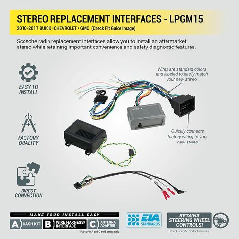 Scosche LPGM15 Link+ Factory Stereo Replacement Interface Adapter, Compatible with Select 2010-2017 GM Vehicles, Car Radio Data-Bus Wiring Harness, Retain Steering Wheel Control & OEM Display in Kuwait
