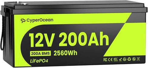 12V 200Ah LiFePO4 Battery, 2560Wh Deep Cycle Lithium Battery with Heavy-Duty 200A BMS, Low-Temp Cutoff, Grade A Cells, Up to 15000 Cycles for RV, Solar, Marine and Off-Grid in Kuwait