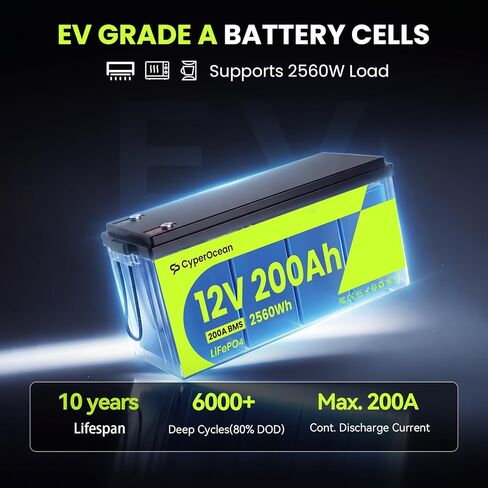 12V 200Ah LiFePO4 Battery, 2560Wh Deep Cycle Lithium Battery with Heavy-Duty 200A BMS, Low-Temp Cutoff, Grade A Cells, Up to 15000 Cycles for RV, Solar, Marine and Off-Grid in Kuwait