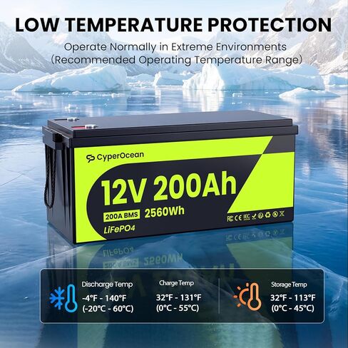 12V 200Ah LiFePO4 Battery, 2560Wh Deep Cycle Lithium Battery with Heavy-Duty 200A BMS, Low-Temp Cutoff, Grade A Cells, Up to 15000 Cycles for RV, Solar, Marine and Off-Grid in Kuwait
