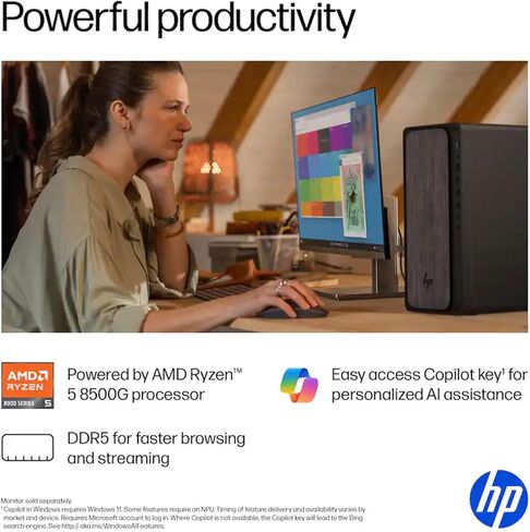 كمبيوتر مكتبي HP OmniDesk - AMD 8-Cores Ryzen 5 - رسومات Radeon 740M - دعم الشاشة الرباعية - Wi-Fi 6 - ذاكرة DDR5 سعة 32 جيجابايت - تخزين 3 تيرابايت (2 تيرابايت SSD و1 تيرابايت HDD) - لوحة مفاتيح وماوس لاسلكيان in Kuwait