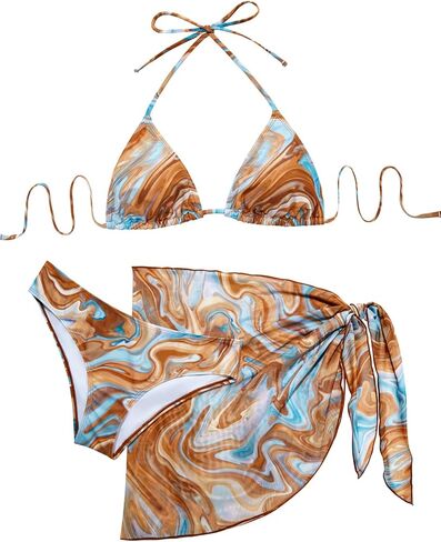 Women's 3 Piece Sexy Triangle Bikini Set with Sheer Mesh Sarong Cover Up - Halter Swimsuit for Beach Vacation 2026 in Saudi Arabia