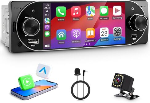 راديو سيارة أحادي الدين مع Apple CarPlay، كاميرا احتياطية، ميكروفون خارجي، راديو شاشة تعمل باللمس أحادي الدين يدعم Android Auto، بلوتوث، مقابض مادية مزدوجة، SWC، EQ، راديو FM (أسود) in Kuwait