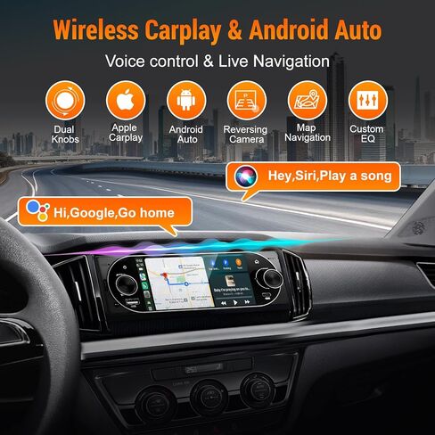 راديو سيارة أحادي الدين مع Apple CarPlay، كاميرا احتياطية، ميكروفون خارجي، راديو شاشة تعمل باللمس أحادي الدين يدعم Android Auto، بلوتوث، مقابض مادية مزدوجة، SWC، EQ، راديو FM (أسود) in Kuwait