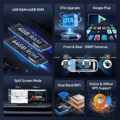 شاشة QLED Carplay مقاس 10.25 بوصة للسيارة Android 8Core 4G+64G Apple CarPlay وشاشة Android Auto مع Net-Flix YouTube Google Play 1080P كاميرا أمامية وخلفية مقسمة شاشة GPS للتحكم الصوتي 10.25 بوصة (4+64 جيجابايت) in Kuwait