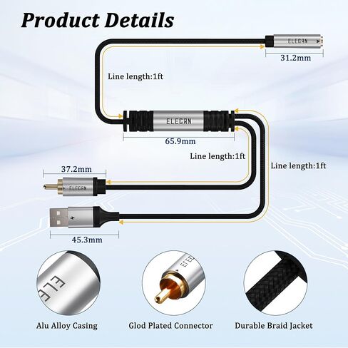 Elecan DAC 192 كيلو هرتز أحادي الاتجاه S/PDIF محوري RCA ذكر إلى 3.5 مم AUX أنثى محول كابل 2 قدم، محول صوت رقمي إلى تناظري يعمل بمنفذ USB، ستيريو هاي فاي للتلفزيون بلو راي سماعات رأس + ربطات عنق in Kuwait