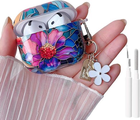 حافظة MINSCOSE لـ AirPods 4، تصميم لطيف على شكل زهرة من الزجاج الملون مع سلسلة مفاتيح زهرية عصرية، غطاء سماعات أذن واقي من السيليكون الناعم مقاوم للصدمات مع مجموعة أدوات تنظيف للفتيات والنساء على شكل زهرة in Kuwait