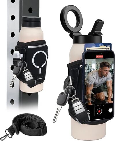 Magnetic Gym Water Bottle Bag & Holder with Magnetic Phone Pocket, Keys & Bluetooth Earphone Storage, Gym Accessories Organizer with Card & Cash Pocket in Saudi Arabia