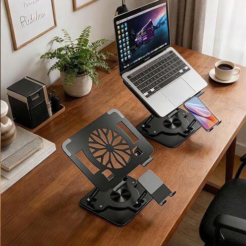 حامل كمبيوتر محمول 2 في 1 يدور 360 درجة مع حامل هاتف، حامل كمبيوتر مريح قابل للتعديل للمكتب، حامل كمبيوتر للكمبيوتر المحمول، حامل كمبيوتر محمول قابل للطي، متوافق مع جميع أجهزة الكمبيوتر المحمولة والهواتف in Kuwait