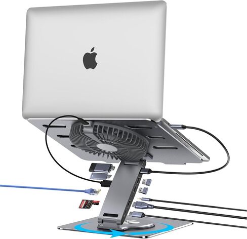 حامل كمبيوتر محمول بمحور USB-C مع مروحة، وحامل كمبيوتر محمول من الألومنيوم مع قاعدة توصيل 9 في 1، وHDMI 4K@60 هرتز، وشحن PD بقوة 100 واط، وUSB 3.0، وصوت 3.5 ملم، ودوران 360 درجة، لأجهزة MacBook Pro/Air، وiPad Pro وأجهزة الكمبيوتر المحمولة من النوع C in Kuwait