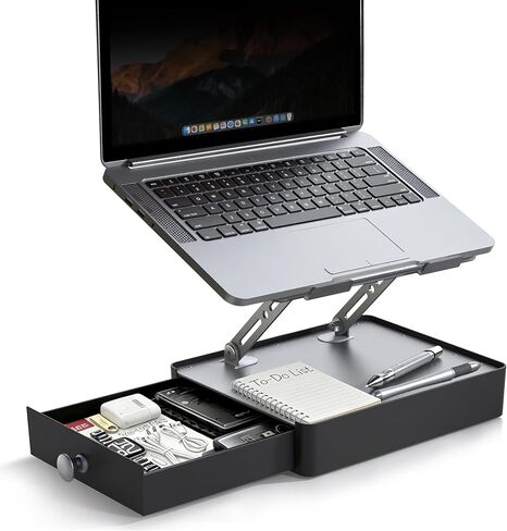 Laptop Stand with Storage Drawer, Adjustable Ergonomic Laptop Riser for Desk, Heavy-Duty Metal Stand for 10–16" Laptops, Space-Saving Desk Organizer for Remote Work & Home Office, Silver in Saudi Arabia