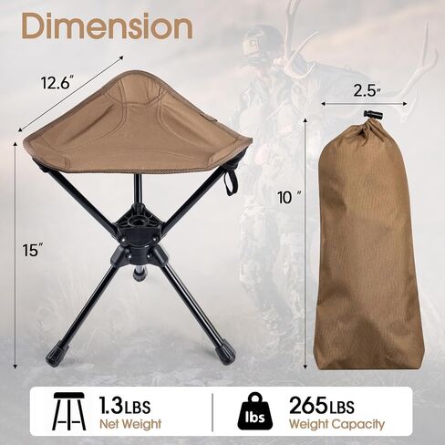 Folding Hunting Stool 360° Swivel Tripod Chair, Portable Camping Stool with Storage Bag, Folding Steel Frame Chair for Hunting Blind, Fishing, Hiking, Travel Khaki in Kuwait