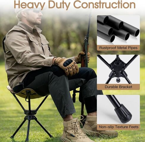 Folding Hunting Stool 360° Swivel Tripod Chair, Portable Camping Stool with Storage Bag, Folding Steel Frame Chair for Hunting Blind, Fishing, Hiking, Travel Khaki in Kuwait