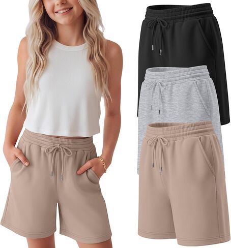 3 Pack Girls Bermuda Shorts Casual High Elastic Waisted Short Pants Drawstring Loose Pockets Sweat Shorts Summer in Saudi Arabia