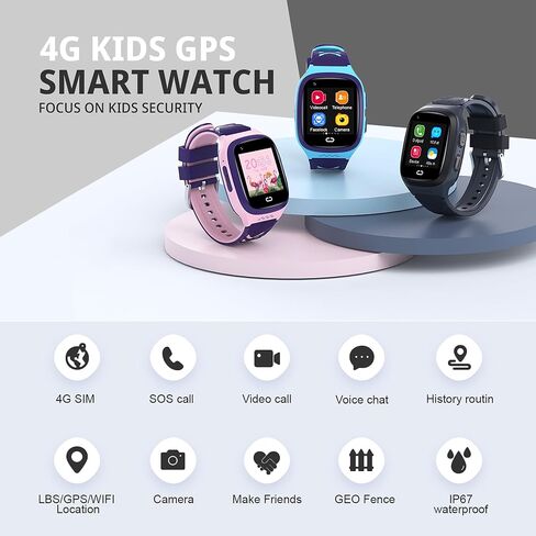 4G Kids Smart Watch Boys with GPS Tracker Location Video Call Cell Phone SOS Calling Voice Chat Camera Alarm Clock Touch Screen SmartWatch Gifts for Age 5-12 Kids (Black) in Saudi Arabia