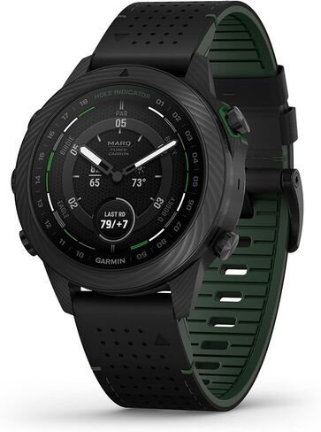 ساعة ذكية Garmin MARQ Golfer (Gen 2) Carbon Edition، حافظة من ألياف الكربون المصهورة، عدسة ياقوتية، شاشة AMOLED، ميزات جولف متقدمة وعلبة افتراضية، حزام هجين أسود، 010-02722-20 (متجدد) in Kuwait