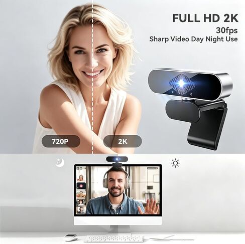 2K Webcam for PC with Microphone, Computer Camera with Noise Cancellation, 120° Wide Angle Auto Focus with Lights, Plug & Play USB Webcam for Streaming, Conferencing, Zoom, Skype, Facetime, Laptop-2K in Kuwait