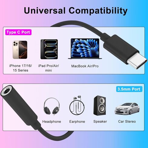 محول صوت USB C إلى 3.5 ملم USBC ذكر إلى Aux أنثى سماعة رأس دونغل سلك يعمل لهاتف iPhone 17/17 Pro/Pro Max/16/16 Pro/Pro Max/ 15/15 Pro/Pro Max/Plus iPad Pro/Air/Mini MacBook Air/Pro in Kuwait