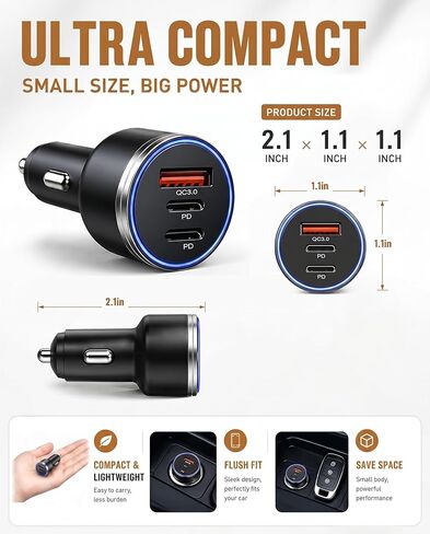 شاحن سيارة USB C بقوة 67 وات، محول شاحن سيارة سريع 3 منافذ مع PD 36 وات مستقل + PD 30 وات مشترك + QC3.0 18 وات، شاحن USB ولاعة سجائر مدمج لأجهزة iPhone 17/17 pro/16 وSamsung وiPad والكمبيوتر اللوحي والتبديل in Kuwait