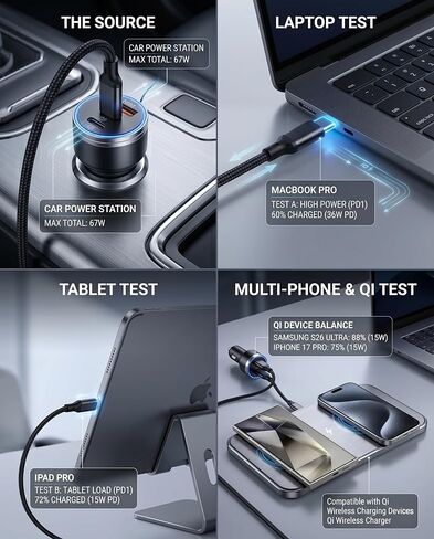 شاحن سيارة USB C بقوة 67 وات، محول شاحن سيارة سريع 3 منافذ مع PD 36 وات مستقل + PD 30 وات مشترك + QC3.0 18 وات، شاحن USB ولاعة سجائر مدمج لأجهزة iPhone 17/17 pro/16 وSamsung وiPad والكمبيوتر اللوحي والتبديل in Kuwait