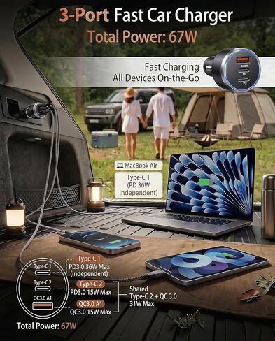 شاحن سيارة USB C بقوة 67 وات، محول شاحن سيارة سريع 3 منافذ مع PD 36 وات مستقل + PD 30 وات مشترك + QC3.0 18 وات، شاحن USB ولاعة سجائر مدمج لأجهزة iPhone 17/17 pro/16 وSamsung وiPad والكمبيوتر اللوحي والتبديل in Kuwait