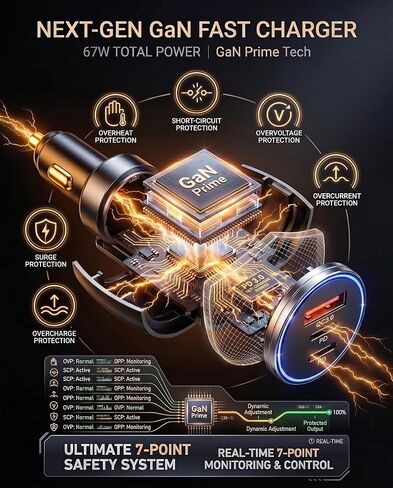 شاحن سيارة USB C بقوة 67 وات، محول شاحن سيارة سريع 3 منافذ مع PD 36 وات مستقل + PD 30 وات مشترك + QC3.0 18 وات، شاحن USB ولاعة سجائر مدمج لأجهزة iPhone 17/17 pro/16 وSamsung وiPad والكمبيوتر اللوحي والتبديل in Kuwait