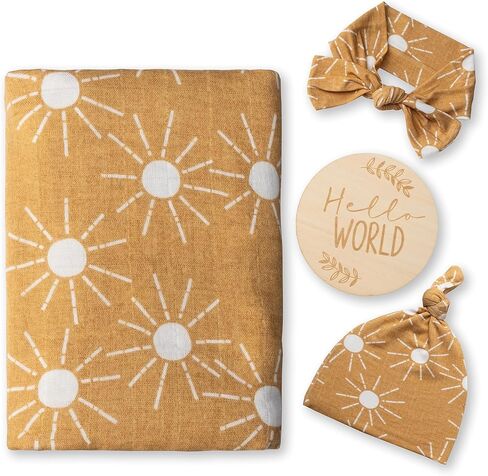 Miaoberry 100% Organic Cotton Baby Muslin Swaddle Blanket Set| Golden Boho Sunrays| Gender Neutral for Boys Girls|Yellow Mustard Orange Sun Rays| Hospital Newborn Receiving Blanket |Newborn Unisex in Saudi Arabia