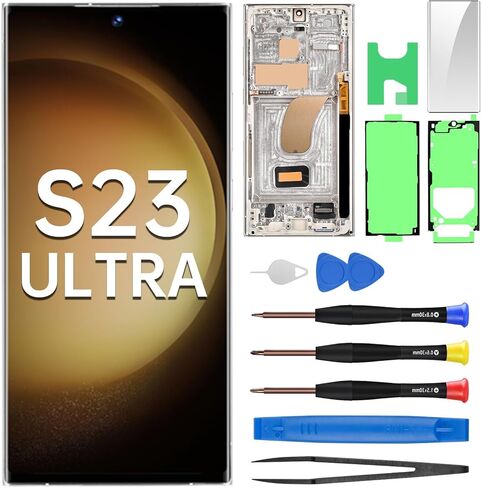 لهاتف Samsung Galaxy S23 Ultra AMOLED شاشة بديلة OLED تعمل باللمس محول رقمي مجموعة كاملة مع إطار كريمي وزر جانبي مجموعة أدوات إصلاح الزجاج SM-S918U SM-S918U1 in Kuwait