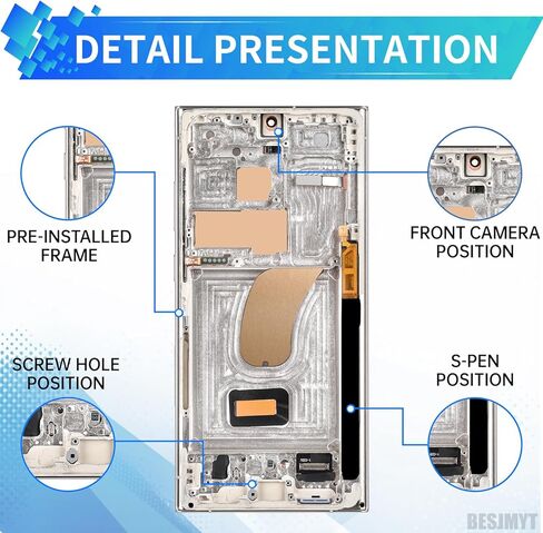 لهاتف Samsung Galaxy S23 Ultra AMOLED شاشة بديلة OLED تعمل باللمس محول رقمي مجموعة كاملة مع إطار كريمي وزر جانبي مجموعة أدوات إصلاح الزجاج SM-S918U SM-S918U1 in Kuwait