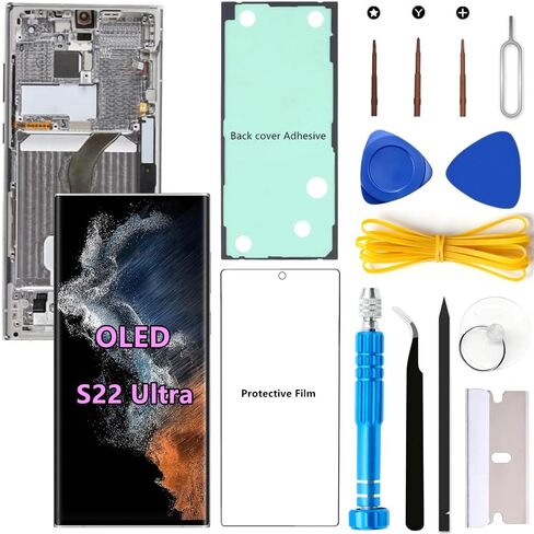 OLED Screen Replacement for Samsung Galaxy S22 Ultra 5G for Samsung S22Ultra SM-S908U SM-S908U1 LCD Display Digitizer Touch Assembly Support Fingerprint S-Pen (White Frame+Protector+Adhesive+Tools) in Saudi Arabia