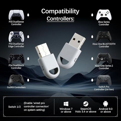 AKNES GuliKit Hyperlink 2 محول وحدة التحكم اللاسلكية للكمبيوتر الشخصي، SteamOS، Switch 1/2، Android، زمن استجابة منخفض جدًا 2.95 مللي ثانية، التوصيل والتشغيل لأجهزة PS5/ Edge، PS4، X Box Series، Elite 2، وحدات تحكم Switch Pro in Kuwait