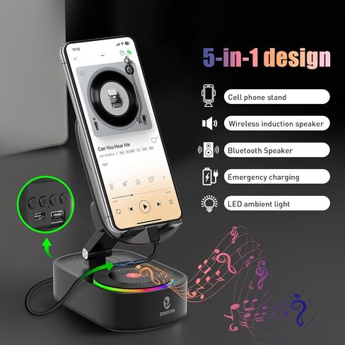 ZOWEETEK 5in1 Wireless Induction Audio Bluetooth Speaker with Phone Stand,Work Time 8H+,Colorful Ambient Light,Emergency Rechargeable,270° Foldable Suitable for iPhone Android Phone Tablet,a Nice Gift in Kuwait