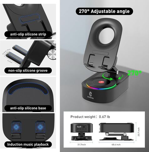ZOWEETEK 5in1 Wireless Induction Audio Bluetooth Speaker with Phone Stand,Work Time 8H+,Colorful Ambient Light,Emergency Rechargeable,270° Foldable Suitable for iPhone Android Phone Tablet,a Nice Gift in Kuwait
