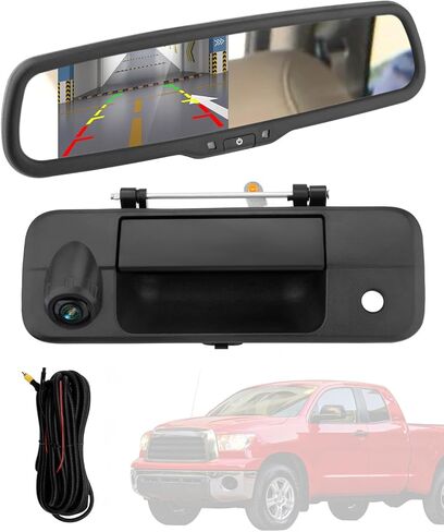 Rearview Mirror Monitor w/Backup Camera Tailgate Handle, Compatible with 2007-2013 Toyota Tundra, 4.3" Rear View, 170° Rear Viewing Angle, Waterproof Rear View Camera, Parking Assist Safety System in Kuwait