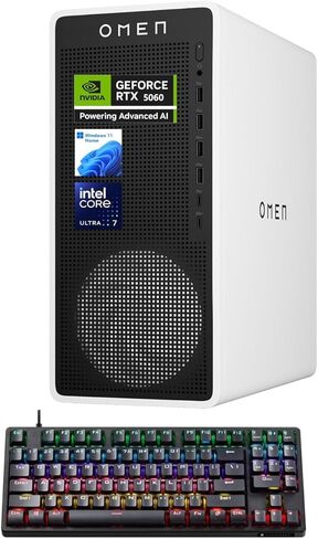 كمبيوتر مكتبي HP Omen 16L 5060 للألعاب، Intel Ultra 7 265F (Beats Intel i7-14700F)، Geforce RTX 5060، ذاكرة الوصول العشوائي DDR5 سعة 32 جيجابايت، 2 تيرابايت SSD، محور OMEN، يدعم 3 شاشات 4K، HDMI، Windows 11 Home، حزمة لوحة المفاتيح، أبيض in Kuwait