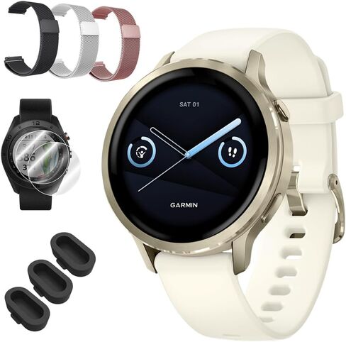 ساعة Garmin Venu 4 الذكية بنظام تحديد المواقع العالمي للصحة واللياقة البدنية مقاس 41 ملم، باللون الذهبي القمري مع سوار من السيليكون على شكل عظمة 010-03013-00 مع مجموعة Deco Essentials 3X 18 مم، و3X غطاء غبار من السيليكون و2X واقي شاشة in Kuwait