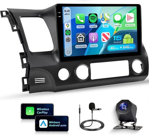 ستيريو سيارة 6+128 جيجا لسيارة Honda Civic 2006-2011 8Core Wireless Carplay Android Auto، 10 بوصة IPS شاشة تعمل باللمس، Android/GPS/WiFi/FM AM RDS/32EQ AI DSP/BT5.0/SWC/كاميرا احتياطية للراديو المدني in Kuwait