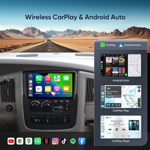 ستيريو سيارة لدودج رام 1500 (2002-2005) 2500/3500 (2003-05)، مشغل راديو CarPlay Android Auto 5G WiFi بلوتوث GPS للملاحة 9 بوصة QLED تعمل باللمس in Kuwait